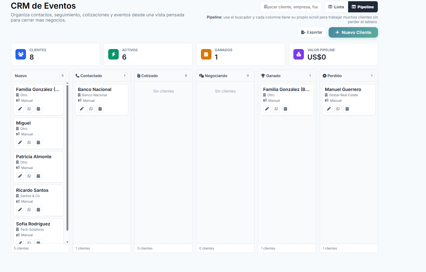 Vista del CRM de Events Pro con pipeline de clientes y seguimiento comercial