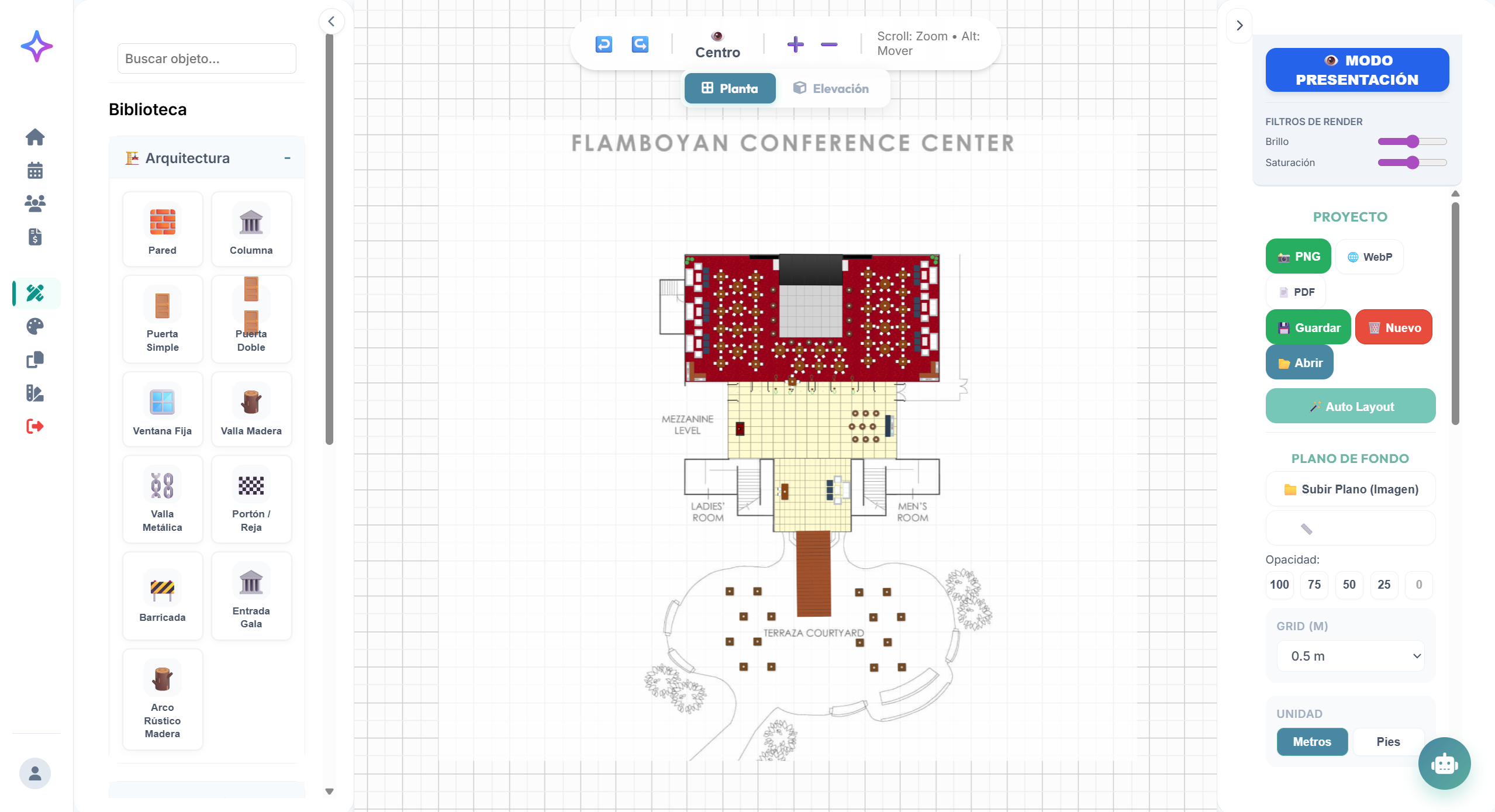 Constructor de planos 2D para eventos corporativos con disposición de mesas y escenario