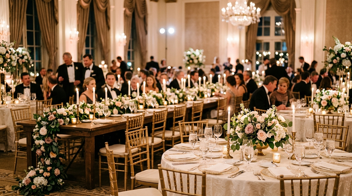 Salón de banquetes de lujo con distribución mixta de mesas redondas e imperiales largas de madera con flores y velas