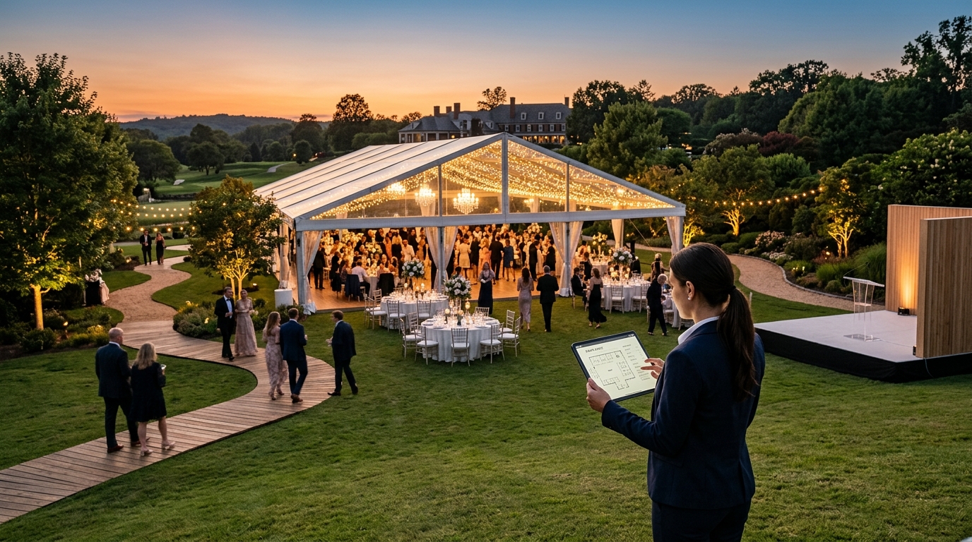 Cómo organizar eventos al aire libre en jardines, haciendas y country clubs con carpas, senderos y podios
