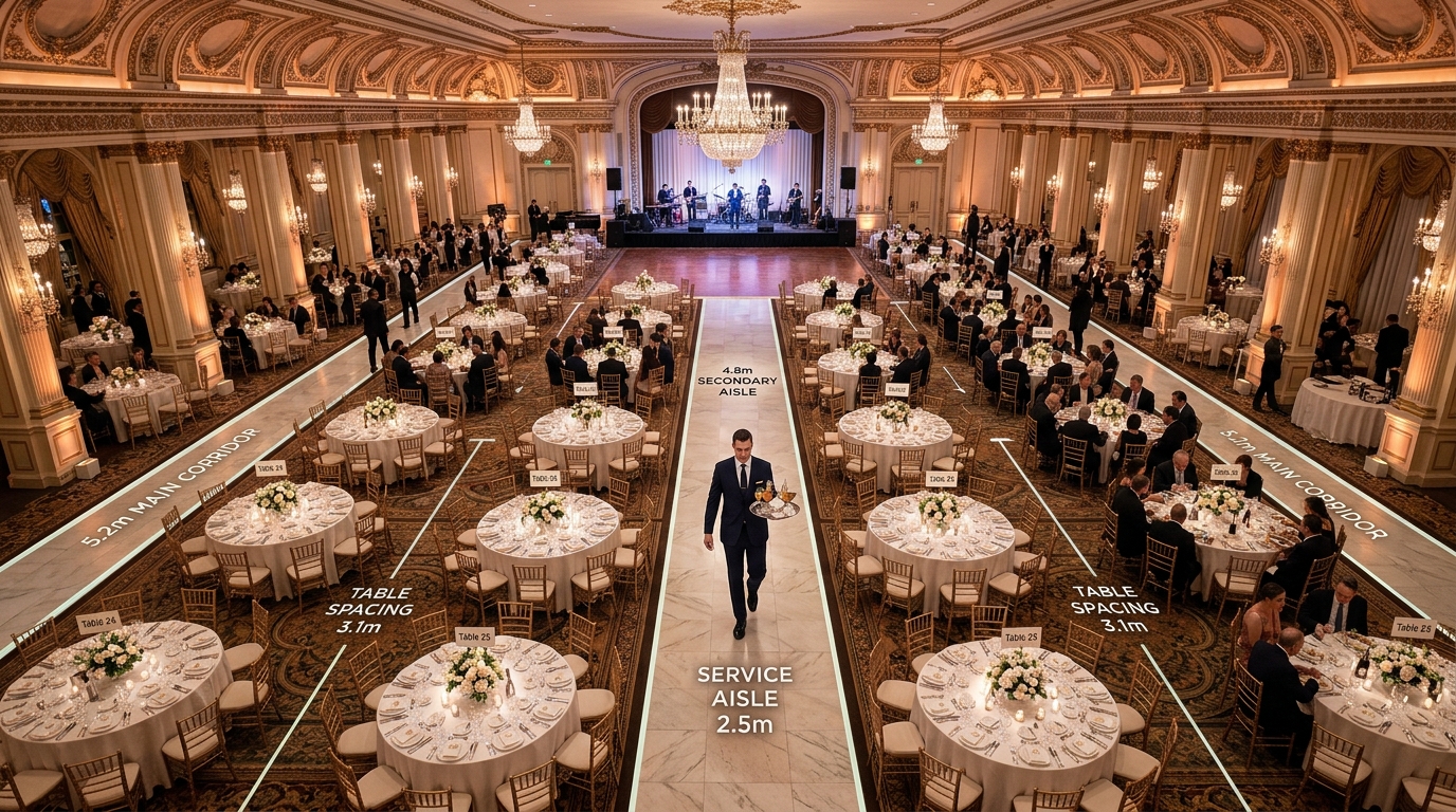 Distancias reglamentarias entre mesas en salones de eventos y pasillos de servicio