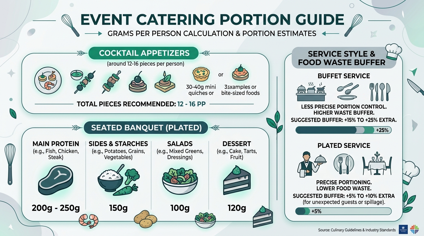 Guía de gramaje y raciones de comida para eventos: banquete, buffet y cóctel