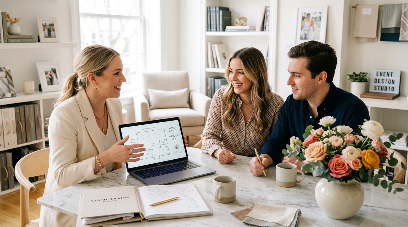 Wedding planner freelance en reunión de asesoría con una pareja de clientes en su estudio