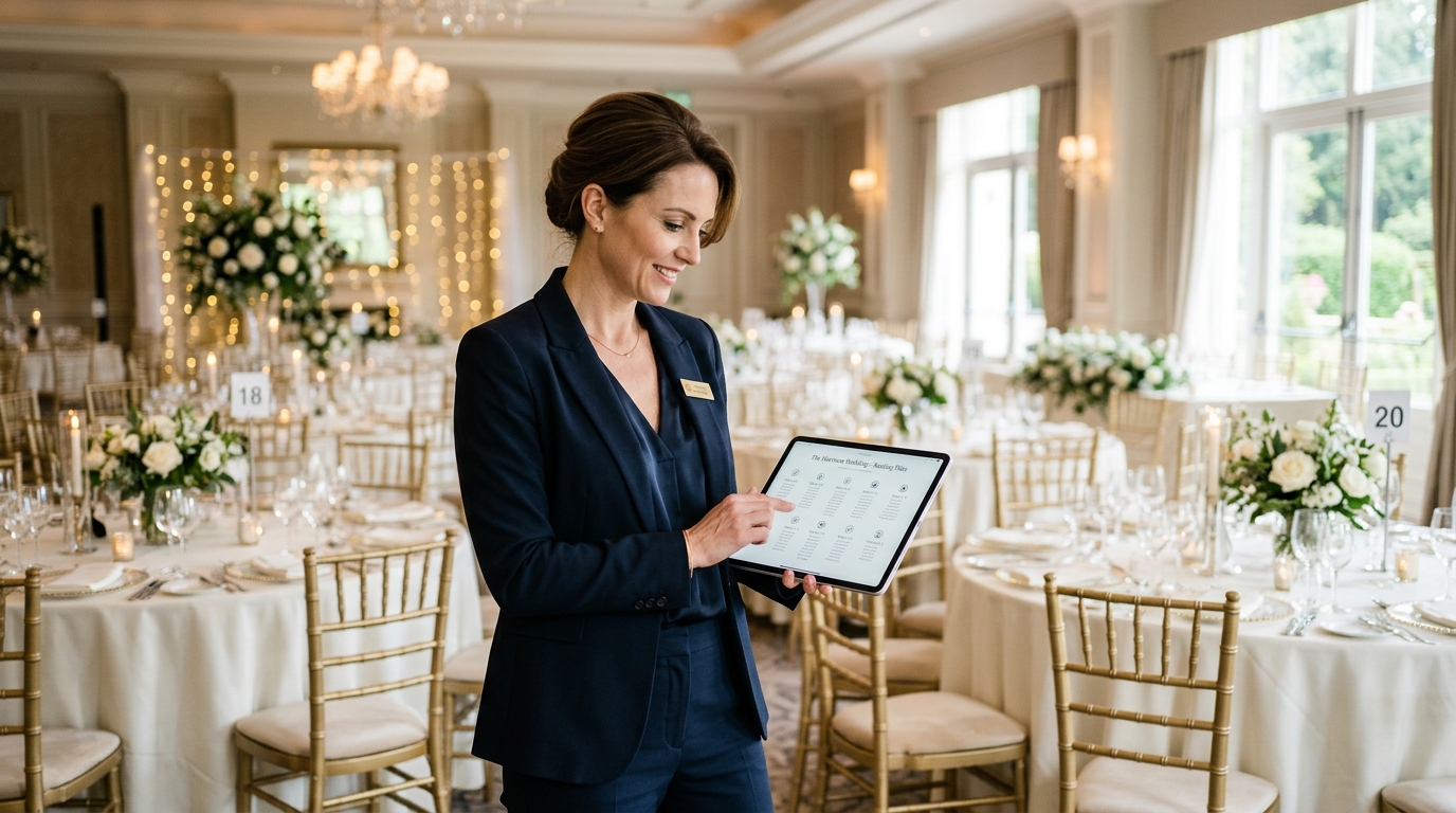 Coordinadora de eventos revisando plano 2D de distribución en tablet digital