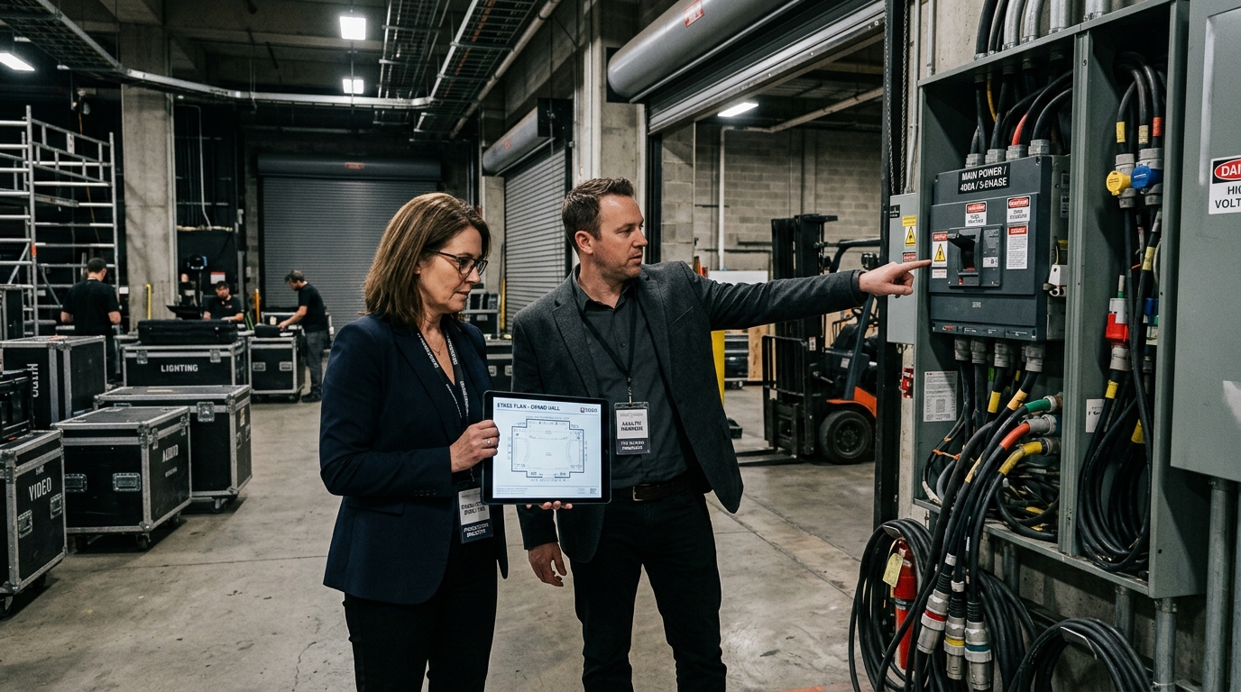Director de producción de eventos inspeccionando cuadro eléctrico principal en venue
