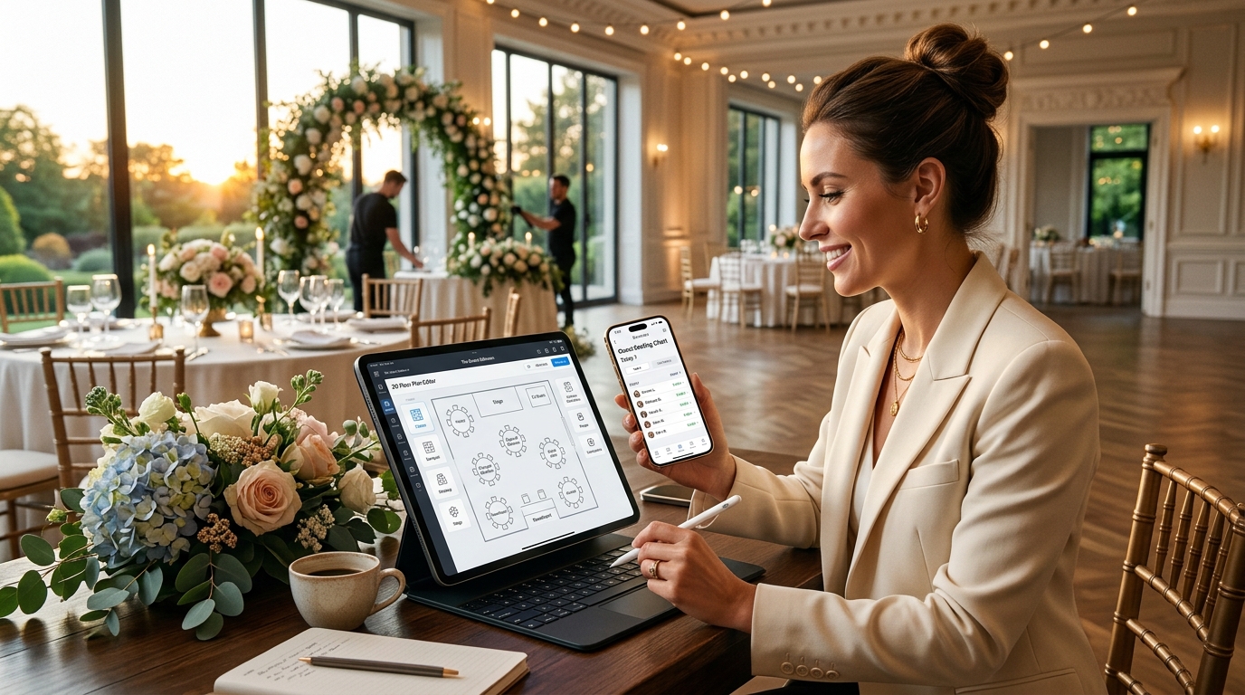 Organizadora de eventos usando Events Pro en iPad y teléfono en pleno montaje de banquete
