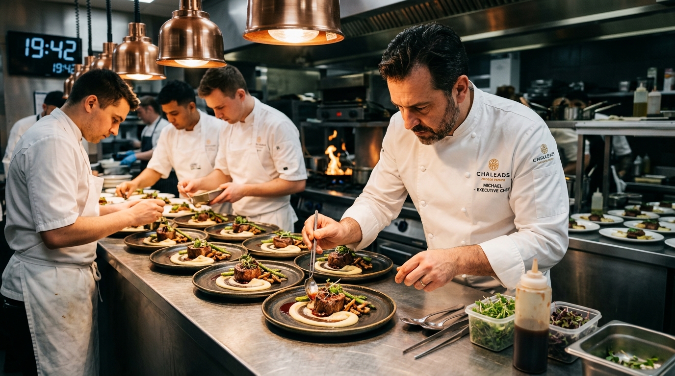 Chef ejecutivo y brigada de cocina emplatando platos principales en banquete de gala