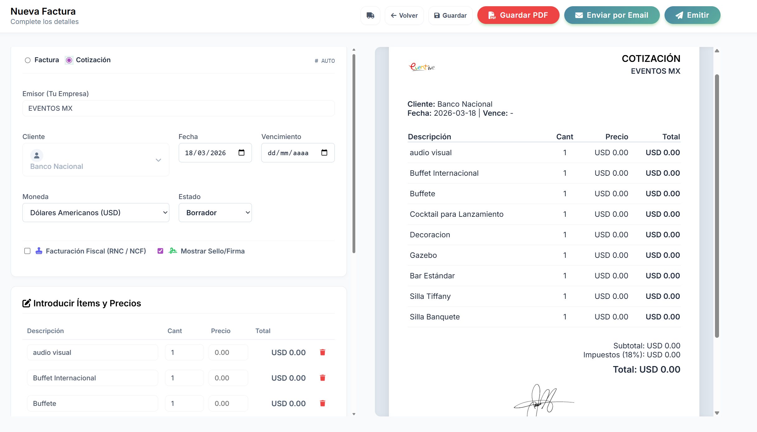 Generador de Cotizaciones y Facturas de Catering