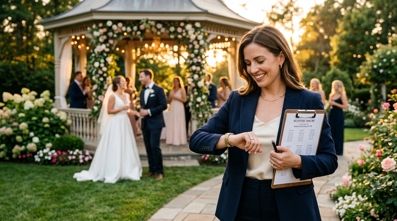 Coordinadora de bodas verificando el horario con cronometro durante la golden hour