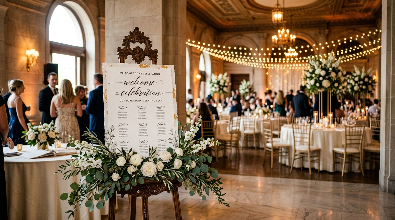 Atril de bienvenida con seating chart impreso en salón de bodas elegante