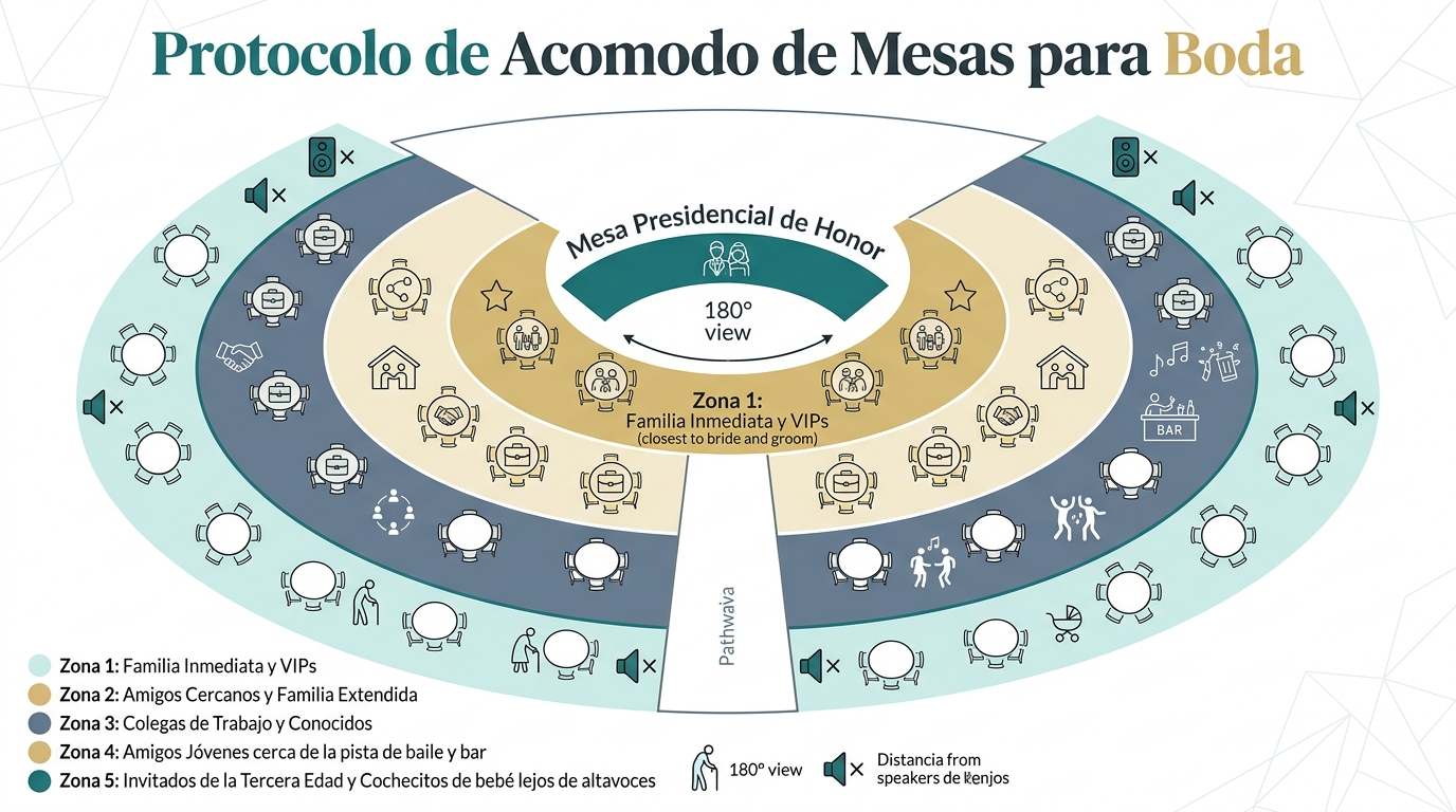 Diagrama concéntrico de protocolo y acomodo de mesas para boda